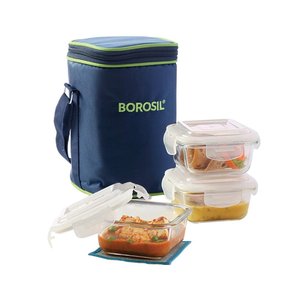 Borosil Glass Lunch Box Set of 3, 320 ml,Microwave Safe Office Tiffin (12 x 12 x 6.5 cms)