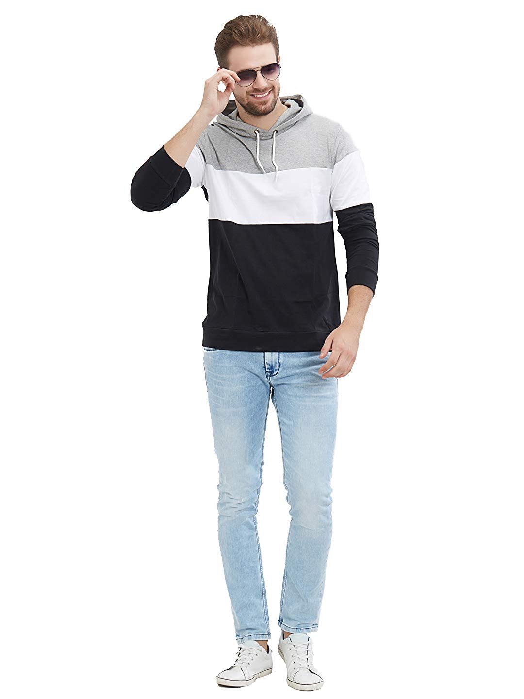 LEWEL Men’s Full Sleeve Hooded T-Shirt (Black, White, Grey)