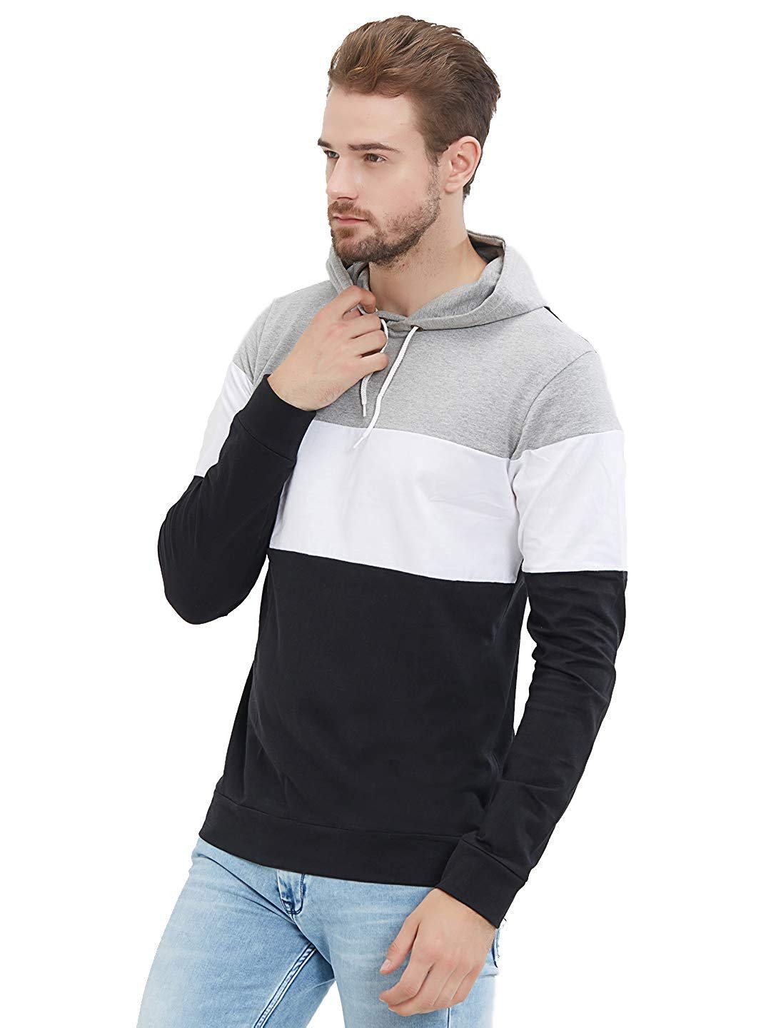 LEWEL Men’s Full Sleeve Hooded T-Shirt (Black, White, Grey)