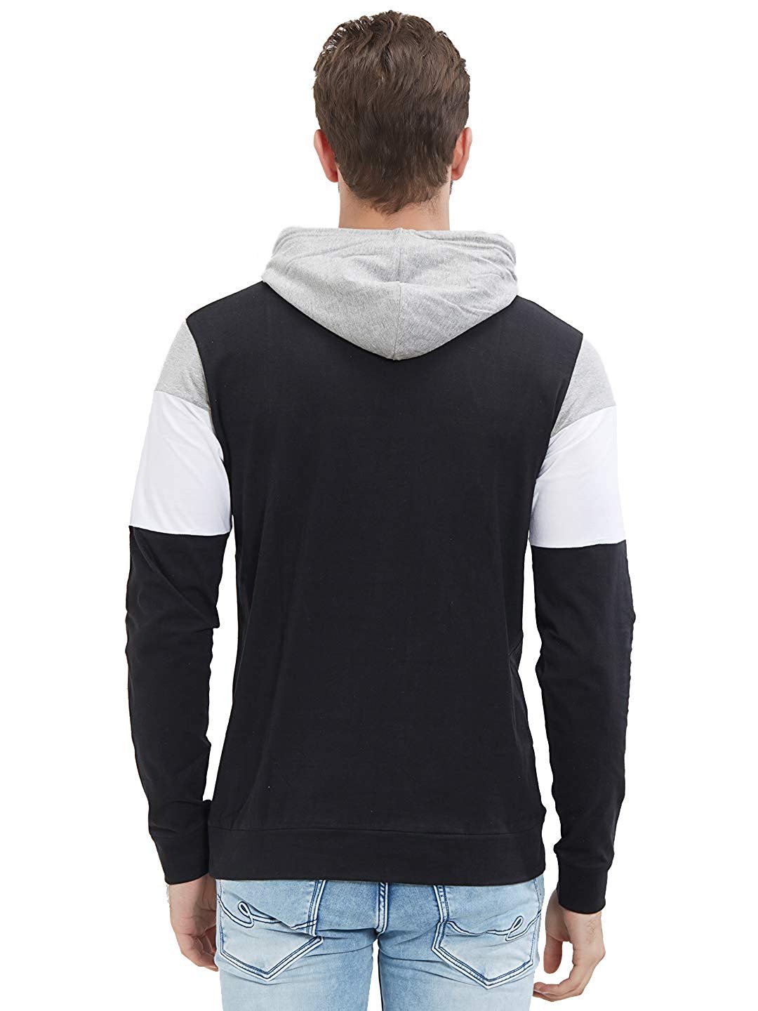 LEWEL Men’s Full Sleeve Hooded T-Shirt (Black, White, Grey)