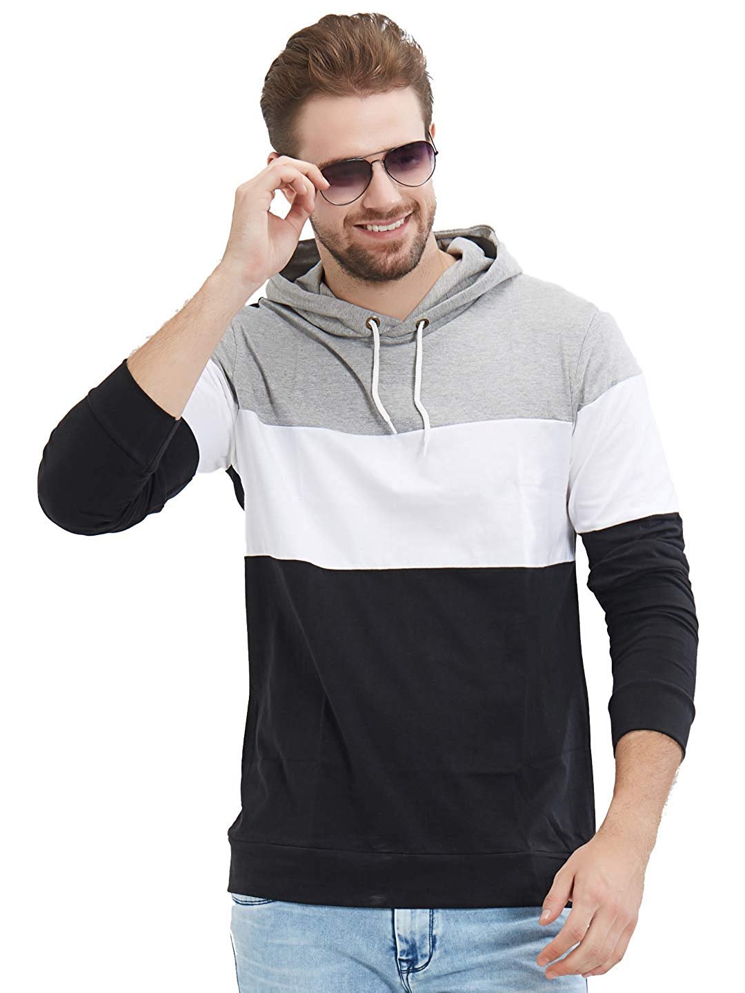 LEWEL Men’s Full Sleeve Hooded T-Shirt (Black, White, Grey)