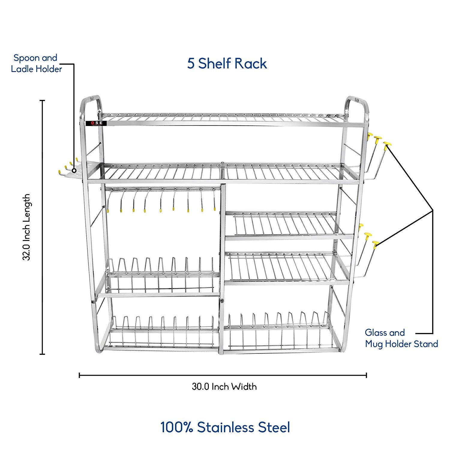 OSE 5 Shelf Wall Mount Kitchen Dish Rack | Plate Cutlery Stand | Kitchen Utensil Rack | Kitchen Organizer | Stainless Steel