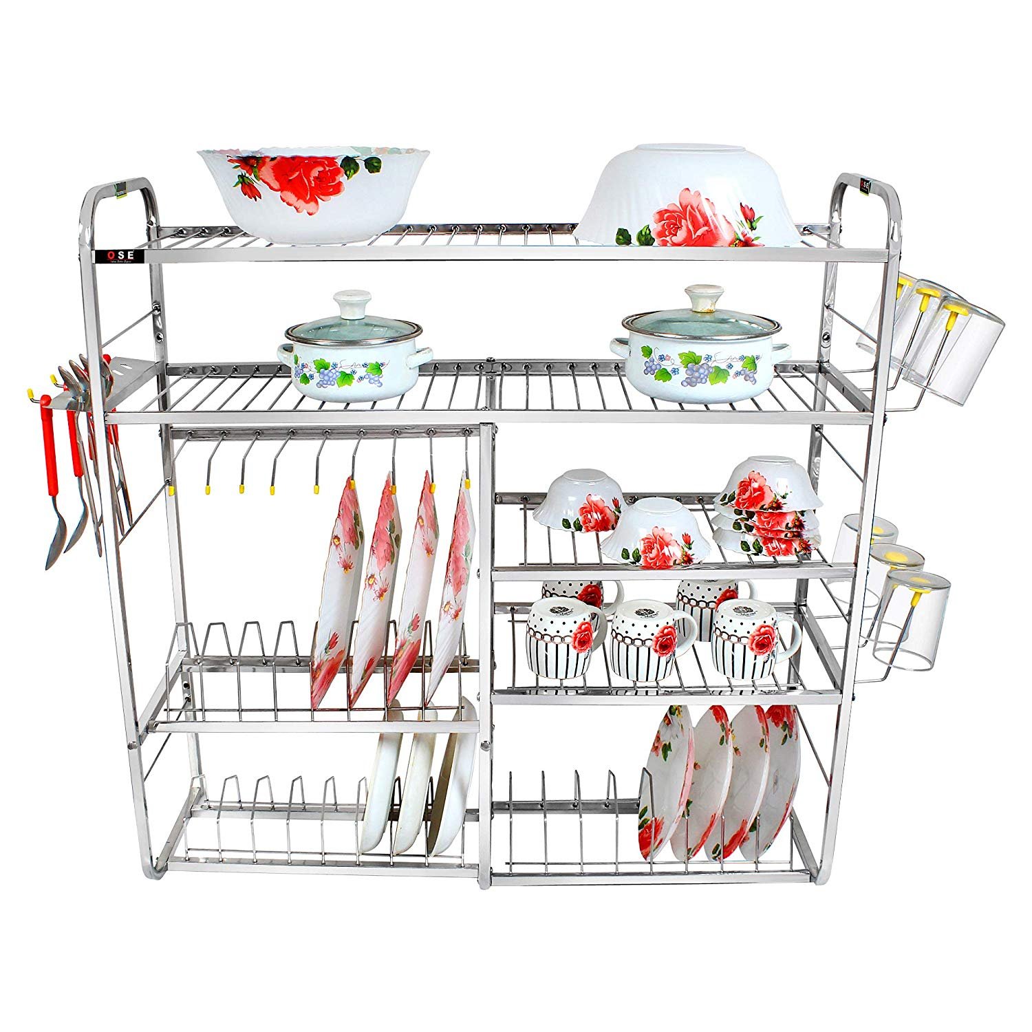 OSE 5 Shelf Wall Mount Kitchen Dish Rack | Plate Cutlery Stand | Kitchen Utensil Rack | Kitchen Organizer | Stainless Steel