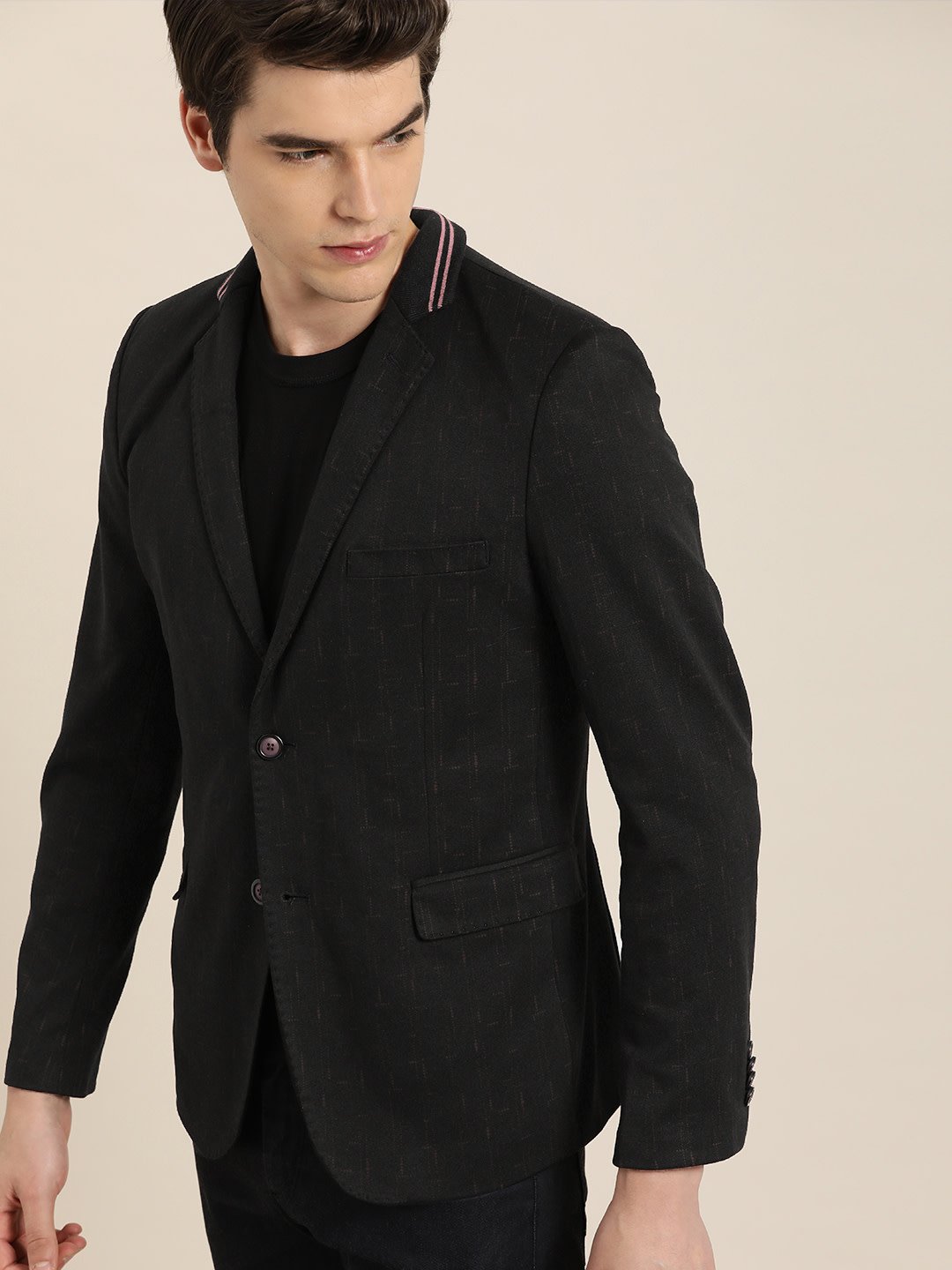 Men Black & Burgundy Printed Slim Fit Single Breasted Casual Blazers