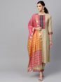 Indo Era Women Beige & Pink Yoke Design Kurta with Palazzos & Dupatta