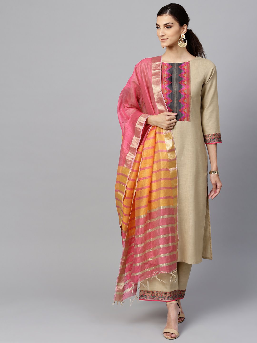 Indo Era Women Beige & Pink Yoke Design Kurta with Palazzos & Dupatta
