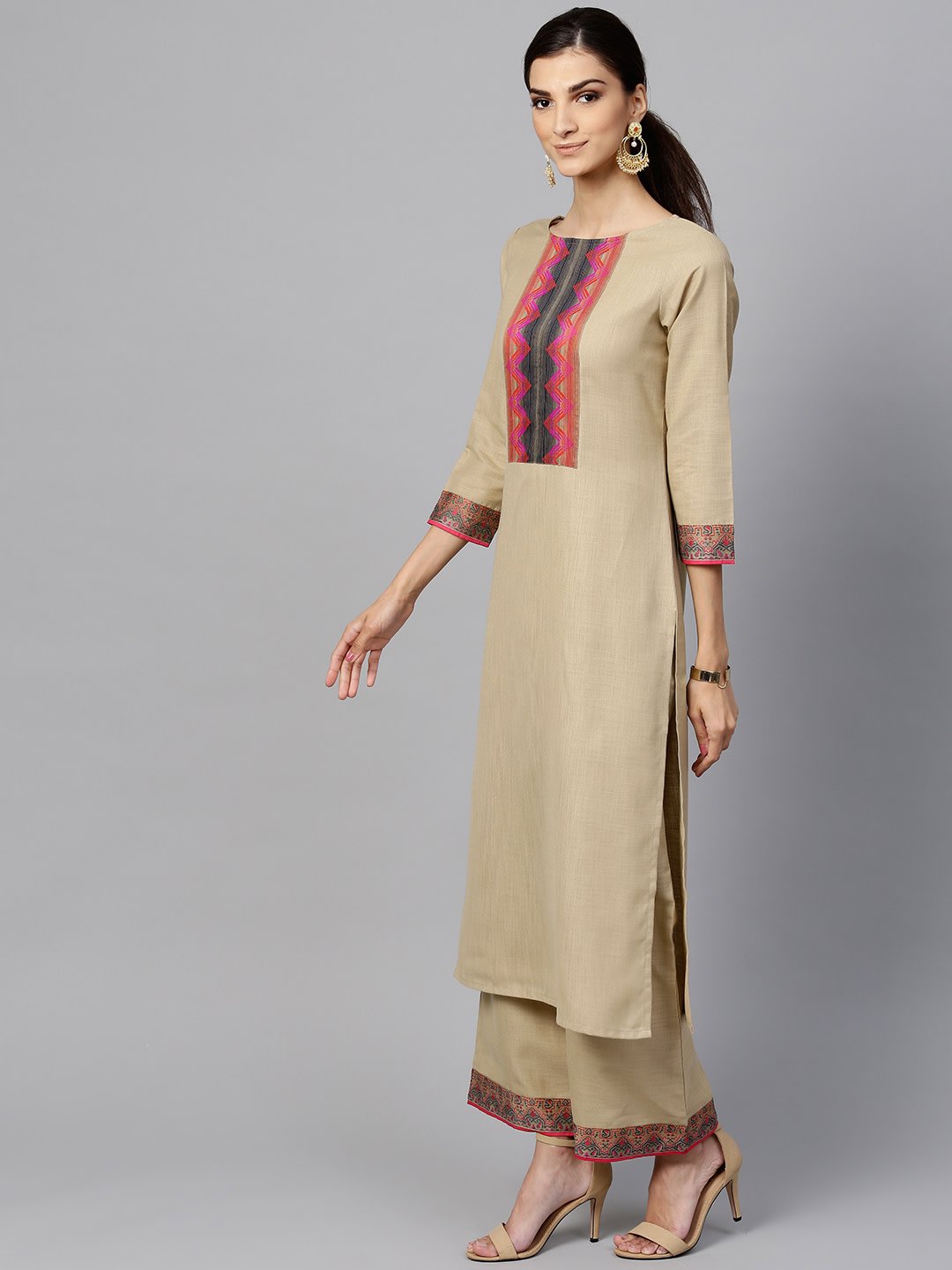 Indo Era Women Beige & Pink Yoke Design Kurta with Palazzos & Dupatta