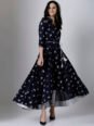Vishudh Women Navy Blue & Silver-Toned Printed Anarkali Kurta