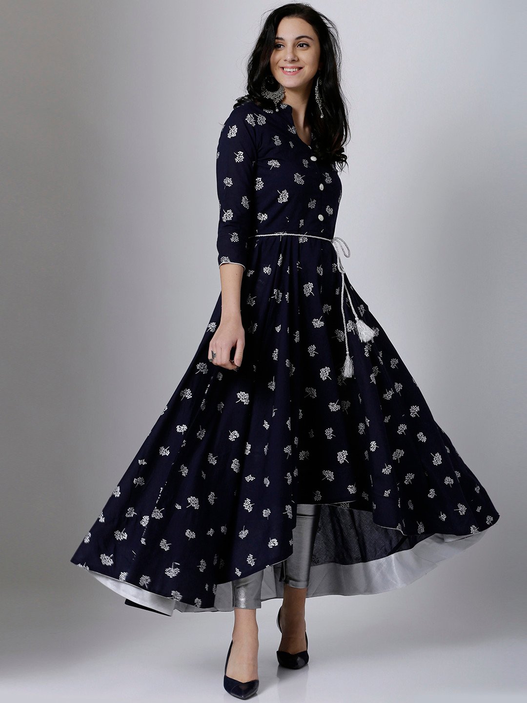Vishudh Women Navy Blue & Silver-Toned Printed Anarkali Kurta