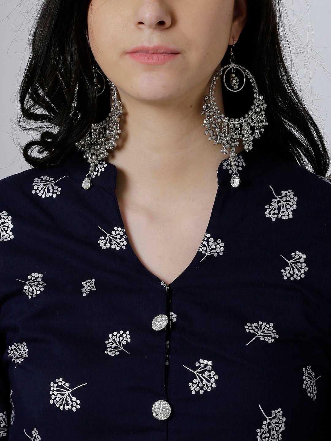 Vishudh Women Navy Blue & Silver-Toned Printed Anarkali Kurta