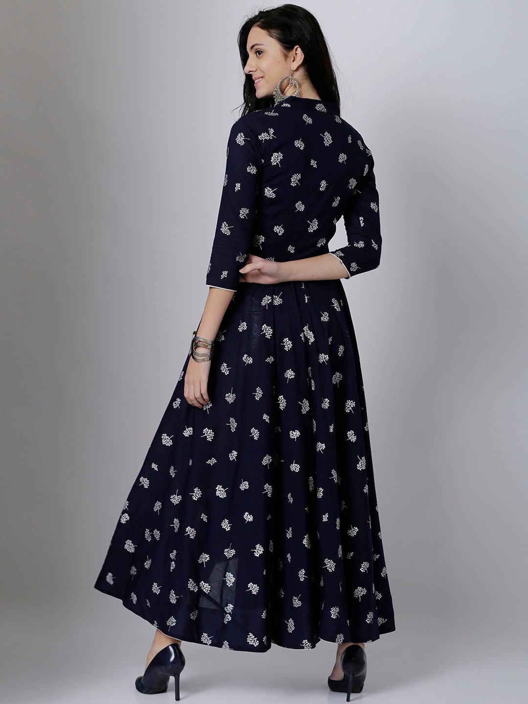 Vishudh Women Navy Blue & Silver-Toned Printed Anarkali Kurta