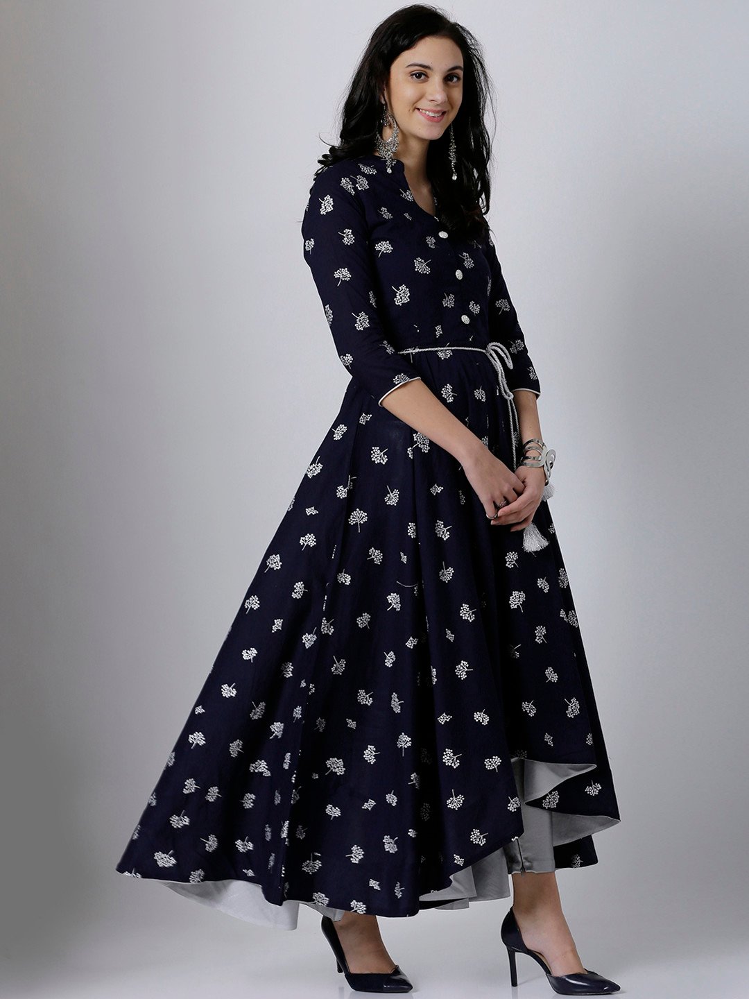 Vishudh Women Navy Blue & Silver-Toned Printed Anarkali Kurta