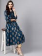 AKS Women Teal Blue & Golden Printed A-Line Kurta