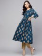 AKS Women Teal Blue & Golden Printed A-Line Kurta