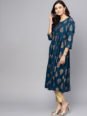 AKS Women Teal Blue & Golden Printed A-Line Kurta