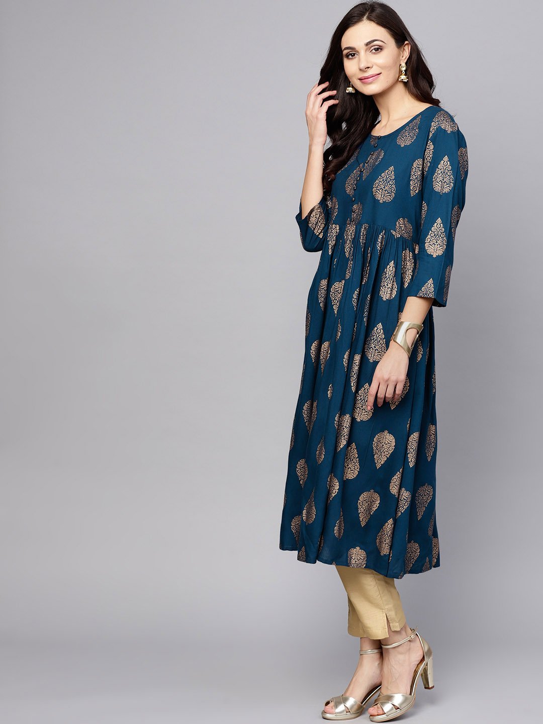 AKS Women Teal Blue & Golden Printed A-Line Kurta