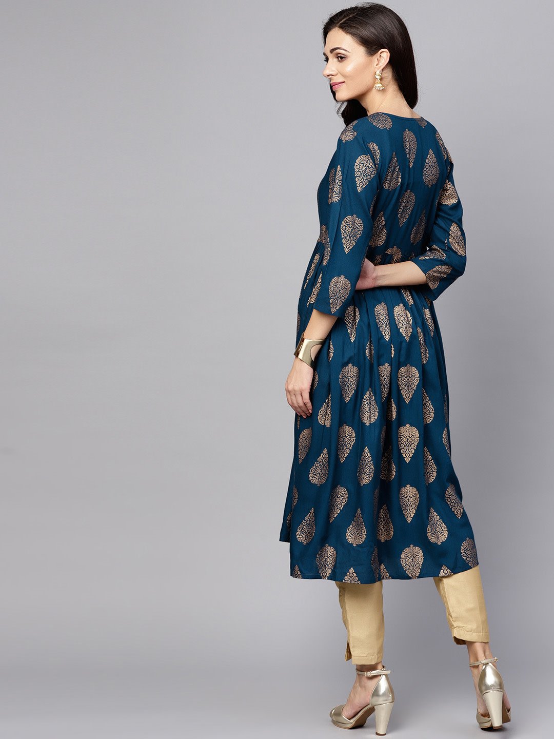 AKS Women Teal Blue & Golden Printed A-Line Kurta