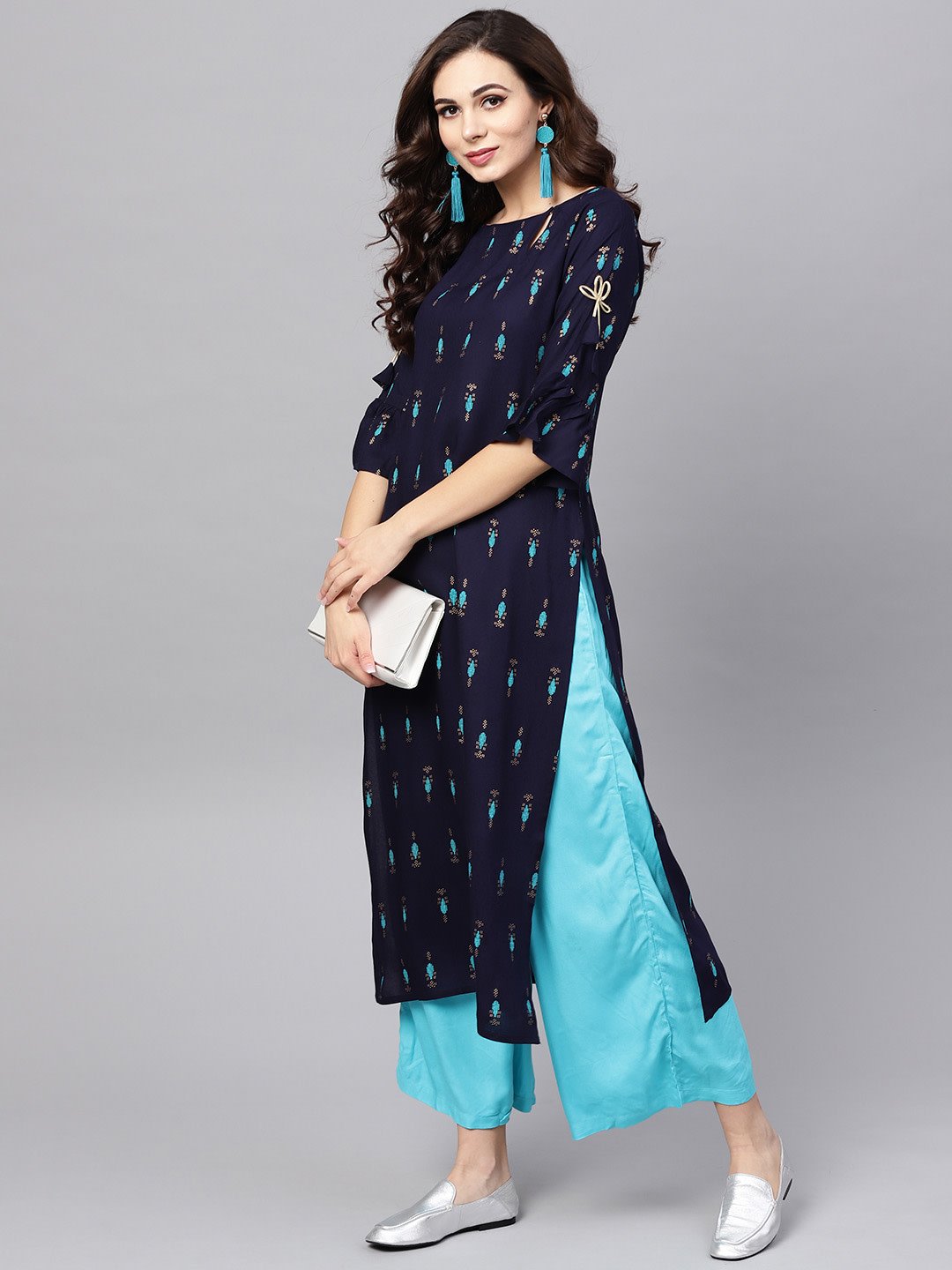 Libas Women Navy Blue Block Print Straight Kurta