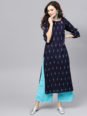 Libas Women Navy Blue Block Print Straight Kurta