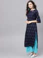 Libas Women Navy Blue Block Print Straight Kurta