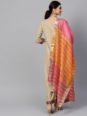 Indo Era Women Beige & Pink Yoke Design Kurta with Palazzos & Dupatta