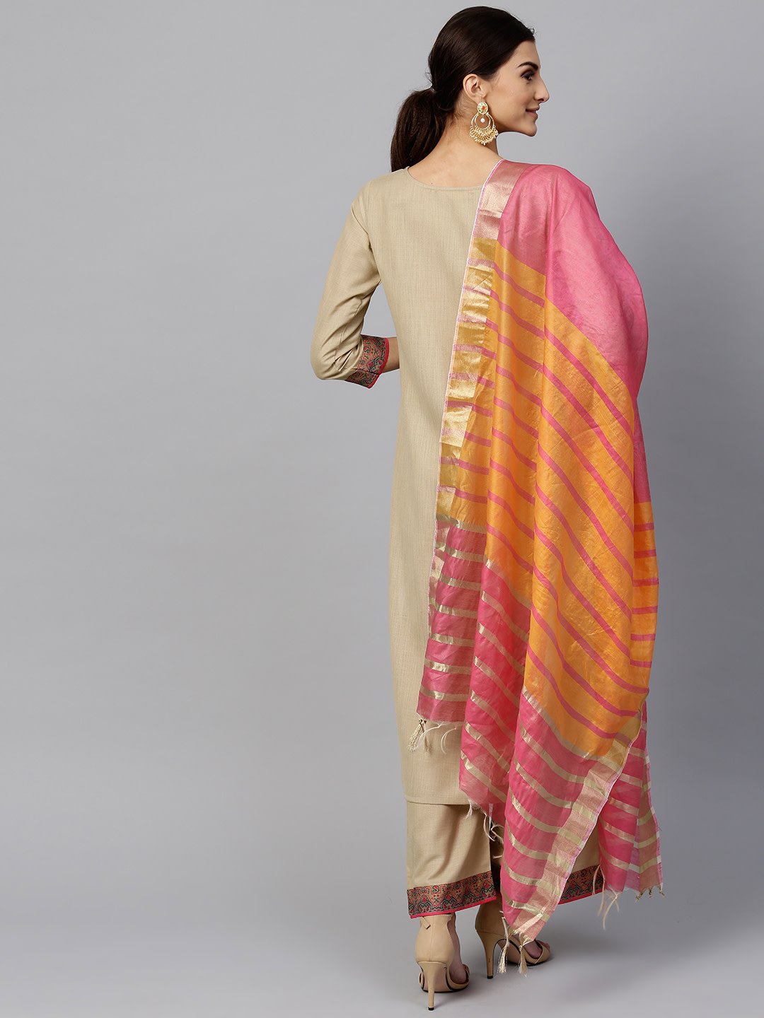 Indo Era Women Beige & Pink Yoke Design Kurta with Palazzos & Dupatta