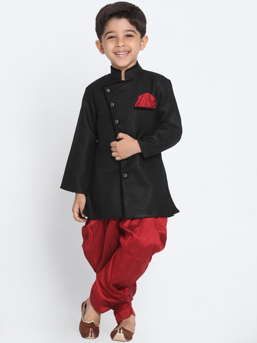 Boys Black & Maroon Solid Sherwani Set