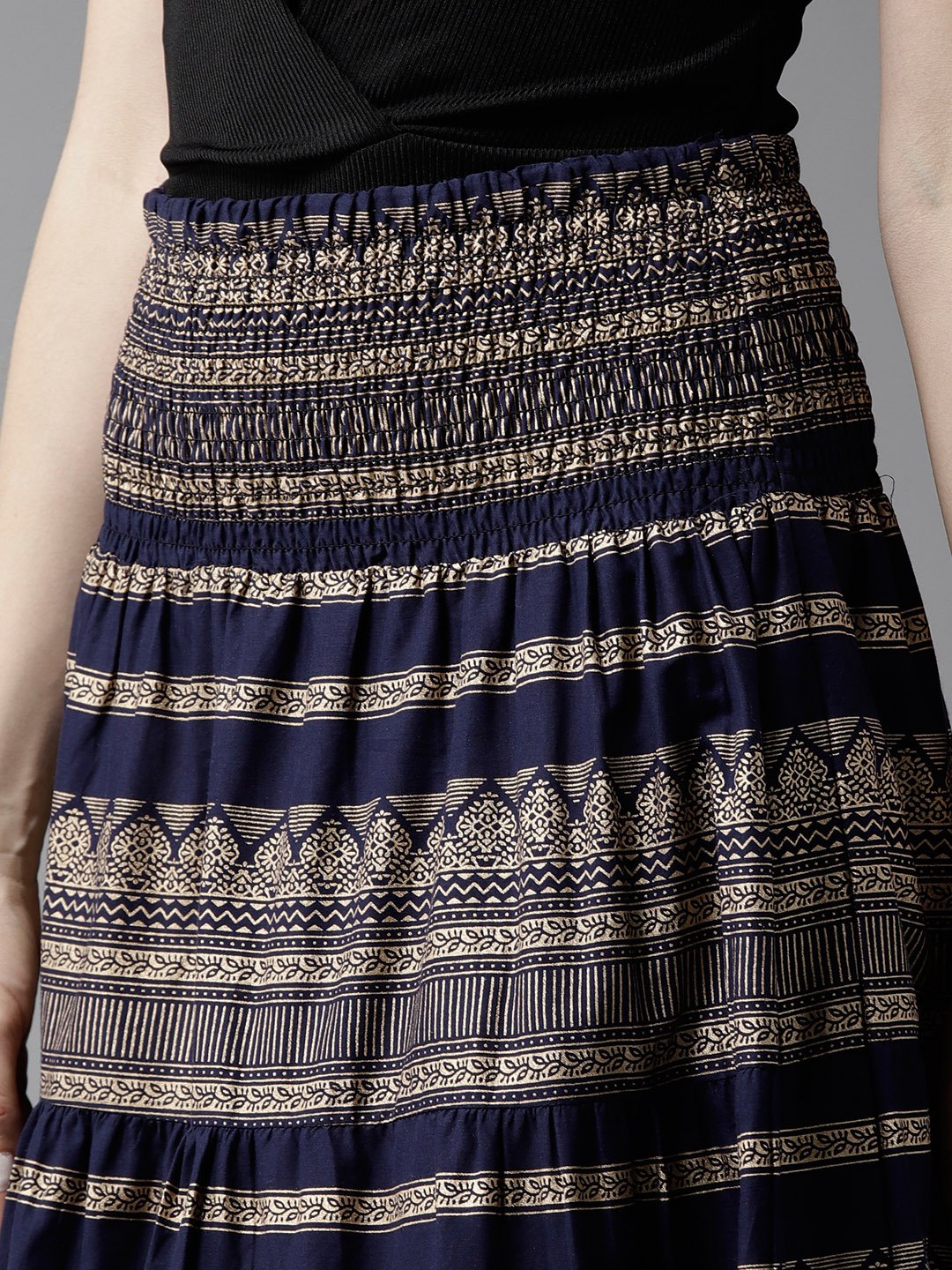Women Navy Blue & Golden Printed Maxi Tiered Skirt