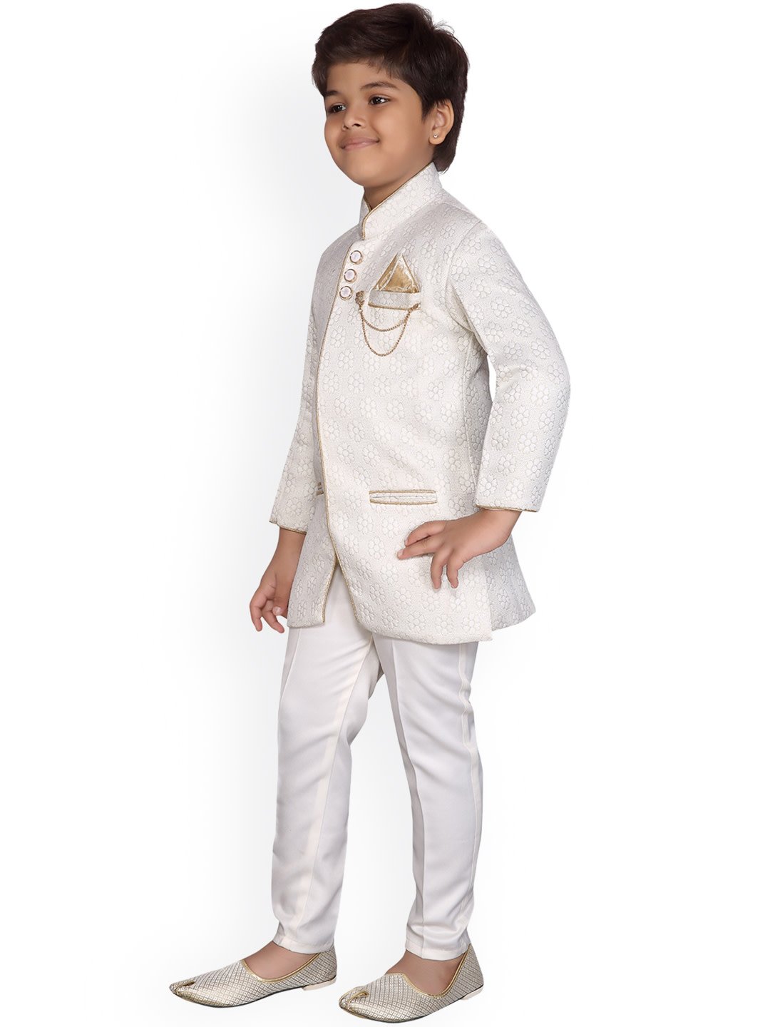 Boys Cream-Coloured & White Printed Sherwani Set