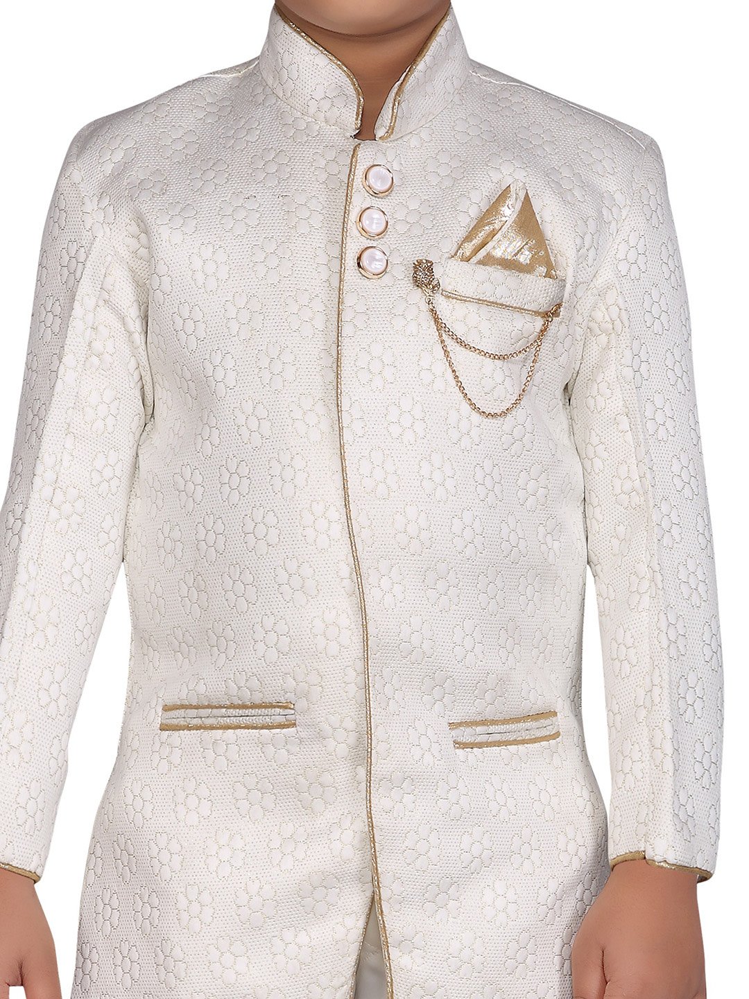 Boys Cream-Coloured & White Printed Sherwani Set