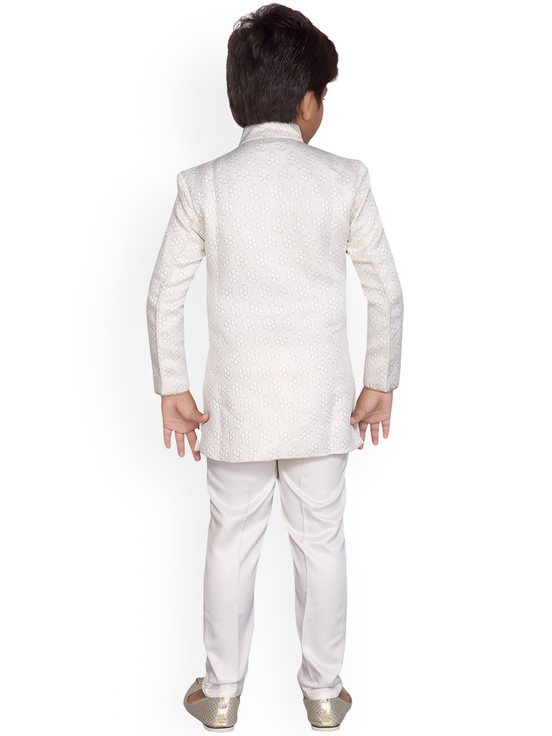 Boys Cream-Coloured & White Printed Sherwani Set