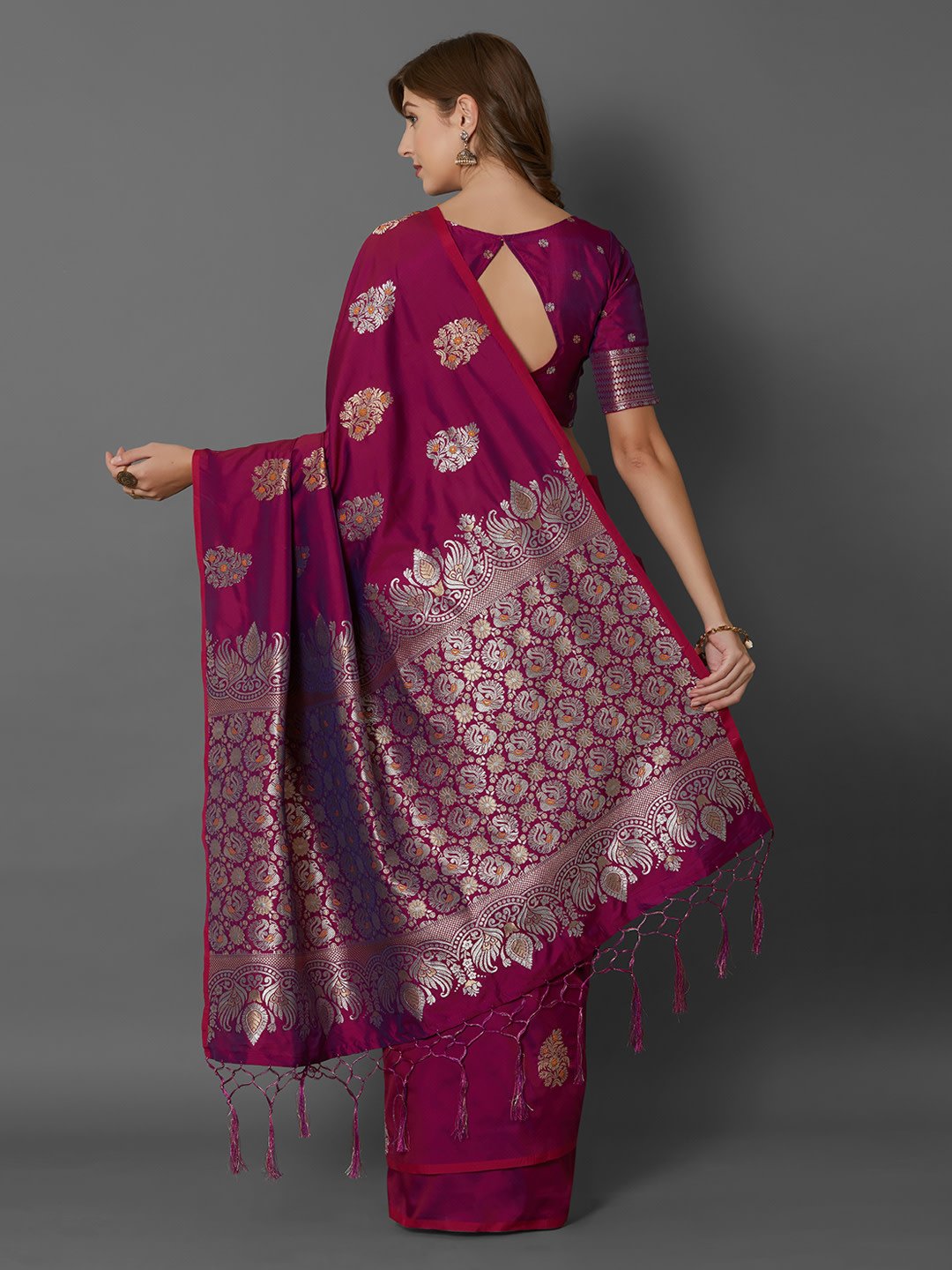 Magenta Silk Blend Woven Design Banarasi Saree