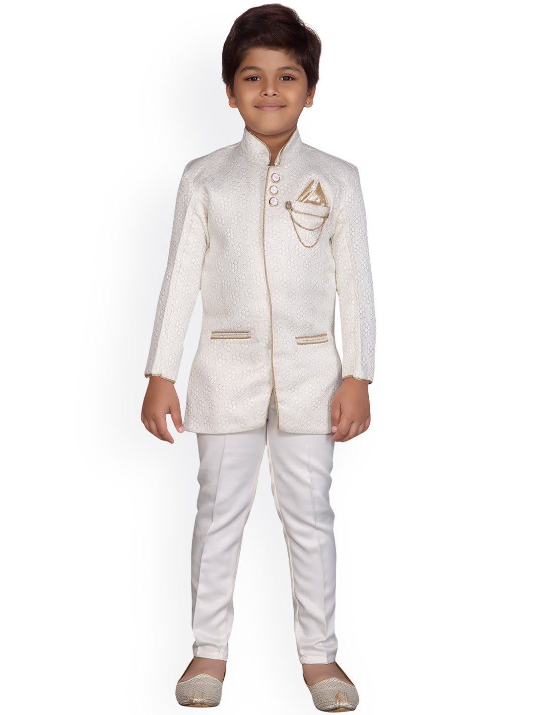 Boys Cream-Coloured & White Printed Sherwani Set